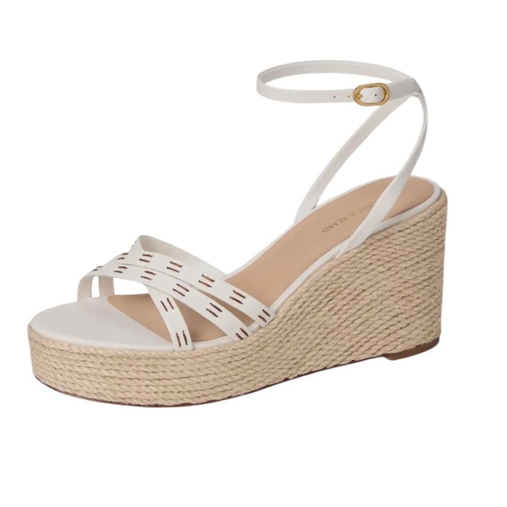 Veronica Beard White Leather Espadrille Wedge Sandals
